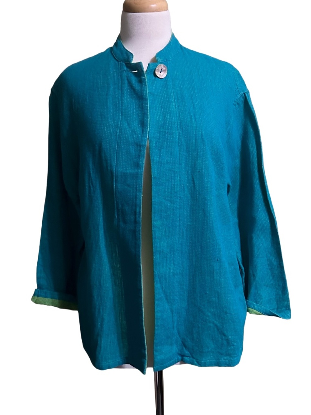 VTG Democracy 100% Linen Colorblock Blazer Jacket Blue Green P XL Lagenlook